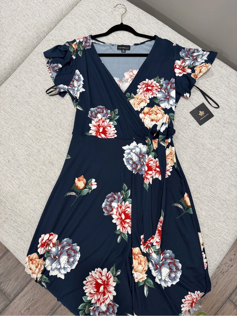 Fortune +IVY Floral Wrap Dress - Navy with Red & Cream Blooms